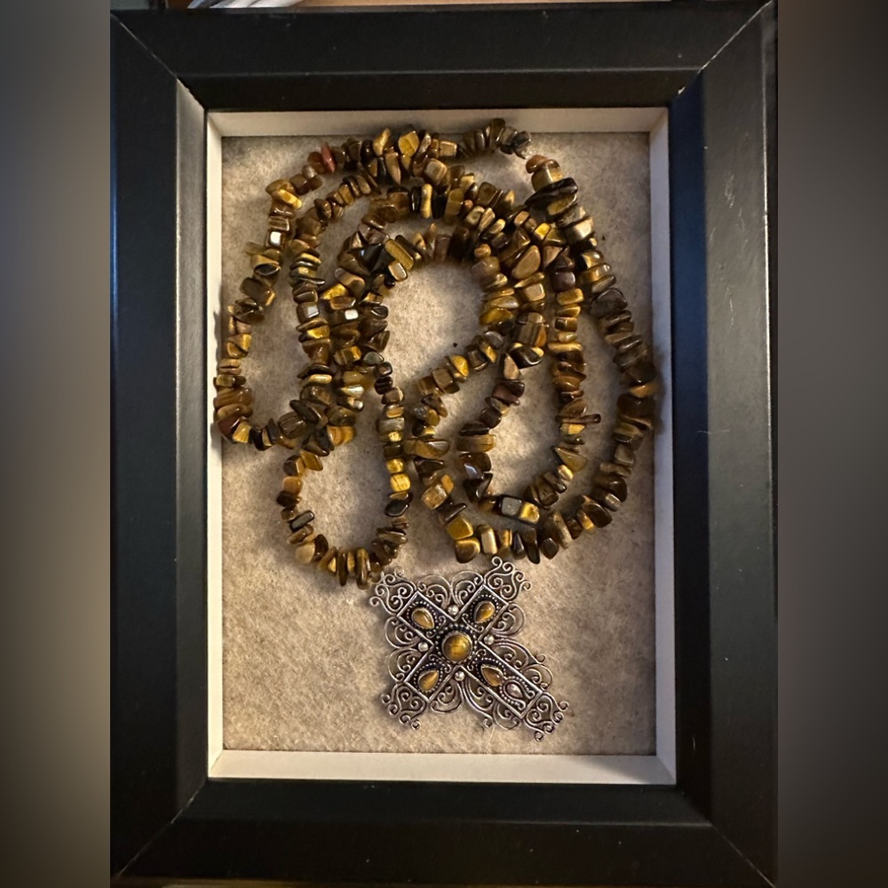 Tigers Eye cross pendant on Tigers eye necklace